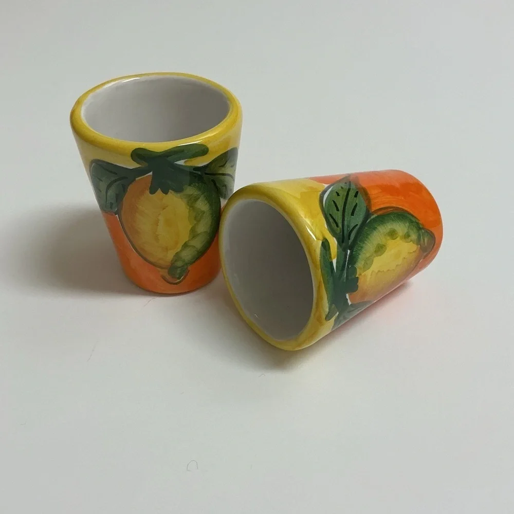 Vietri Shot Glass PAIR Lemon Limoncello Hand Painted Pottery Espresso Vintage